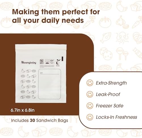 Moonybaby Compostable Sandwich Size Food Storage Bags (30 Count), Organic Food Storage Container with Food-Safe Zip Seal, Freezer and Leak Proof - Image 2