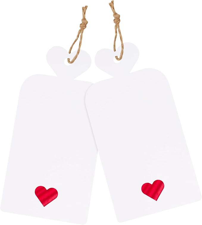 joycraft 100pcs Blank Gift Tags with String, 4x2 in White Paper Tags with Foil Red Heart, Personalized Gift Wrapping Labels for Birthday, Baby Shower, Wedding, Valentine's Day