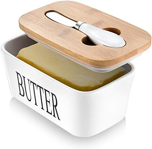 Ceramic Butter Dish with Lid and Knife & Silicone Seal for Countertop White by AISBUGUR