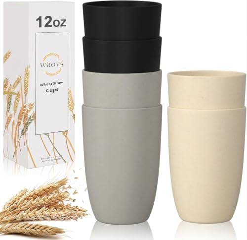 Wrova Wheat Straw Cups Set of 6, 12 OZ Plastic Cups Reusable Kitchen Cups,Dishwasher Safe Water Cups for Kids, Unbreakable Drink Cups for Juice,Ice Coffee,Tea- Black & Gray by WROVA