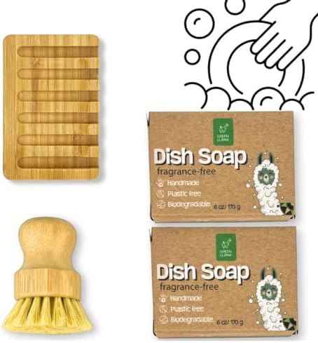 Green Llama Dish Washing Bar Soap Set with 2 Solid Coconut Oil Bars, Sisal Scrub Brush & Bamboo Holder, Fragrance-Free Kitchen Cleaning Set by GreenLlama
