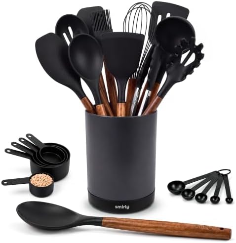 SMIRLY Silicone Kitchen Utensils Set, 22-Piece Acacia Wood Handle, Black by Smirly