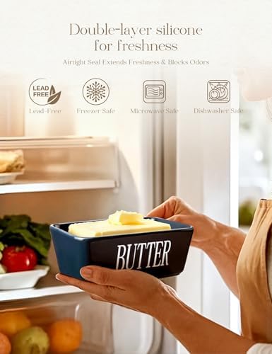 Ceramic Butter Dish with Lid and Knife & Silicone Seal for Countertop Blue - Image 3