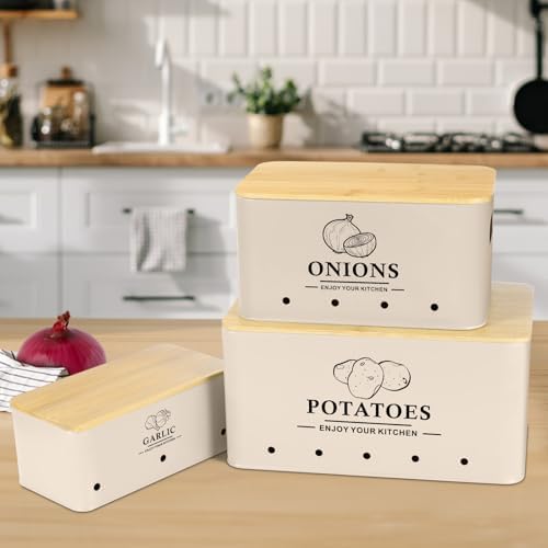 Kitchen Vegetable Storage Set of 3, Metal Onion Garlic Potato Storage Set, Kitchen Canisters Vegetable Keeper Containers with Aerating Holes and Bamboo Lid，Beige - Image 2
