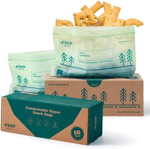 Fit Meal Prep 50 Pack 100% Compostable Snack Bags, 6.5 x 4.1" Resealable Food Storage Bags Snack Size, Plant-Based Freezer Bags for Food, ASTM D6400, US BPI & EU OK Compost Certified by FMPBRANDS