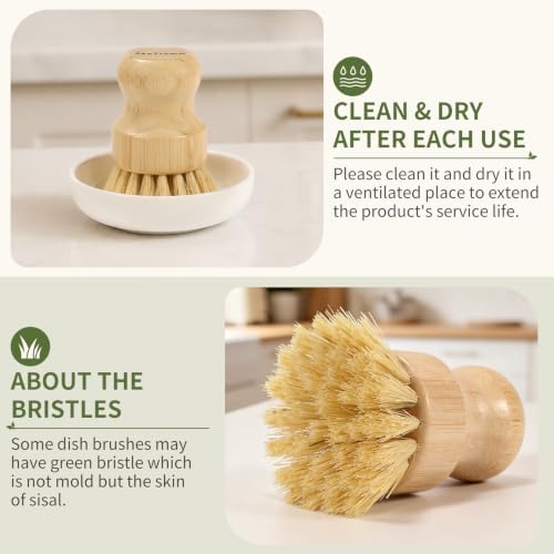 4-PCS Natural Bamboo Dish Brush with Ceramic Tray for Cleaning - Image 7
