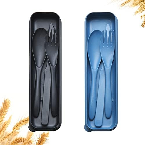 Reusable Travel Utensils Set with Case, 2 Sets Wheat Straw Portable Plastic Fork Spoons Knife Camping Cutlery, Eco-Friendly BPA Free Lunch Tableware for Kids Adults Travel Picnic Utensils by YDYTOP