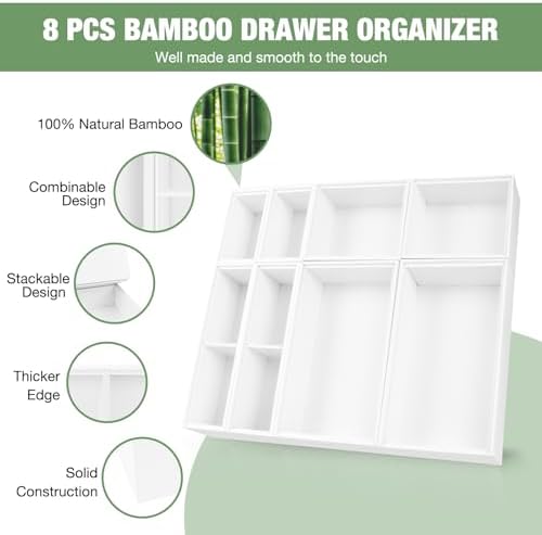 Bamboo Drawer Organizer Set, 8 PCS White Multi-Use Wood Drawer Storage Kitchen Boxes, Junk Drawer Organizer Divider Bins for Bathroom, Office Desk, Makeup, Jewelry, Utensils - Image 3