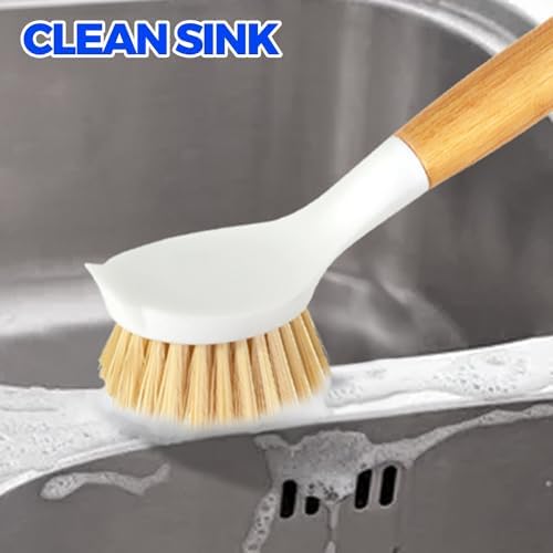Holikme 3 Pack Dish Brush with Bamboo Handle Cleaning Brush,Yellow - Image 3