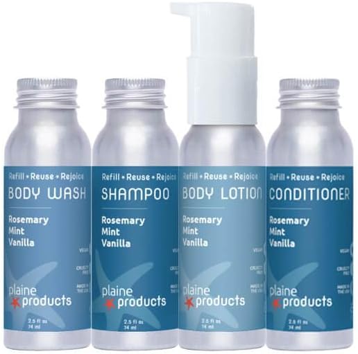 Travel Size Shampoo, Conditioner, Body Wash and Body Lotion - Rosemary, Mint, Vanilla - Sulfate Free, Refillable Bottle, 2.5 oz - Image 2