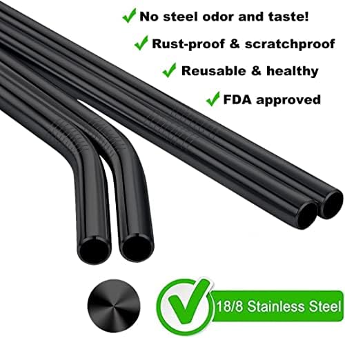 Vinaco 6 Pack Black 0.4" Wide Bore Reusable Stainless Steel Smoothie Straws - Image 3