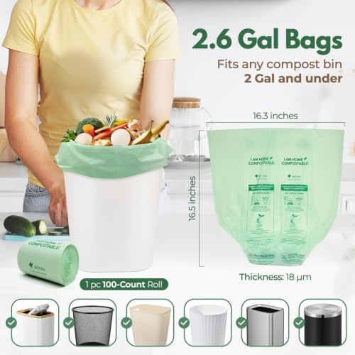 AIRNEX Small Compost Bags 2.6 Gal - 100 Compostable Kitchen Trash Bags for Countertop Bin - Cornstarch Leakproof & Tear-Resistant - OK Compost Home & Seedling Certified 0.18 mm Kitchen Garbage Bags - Image 2