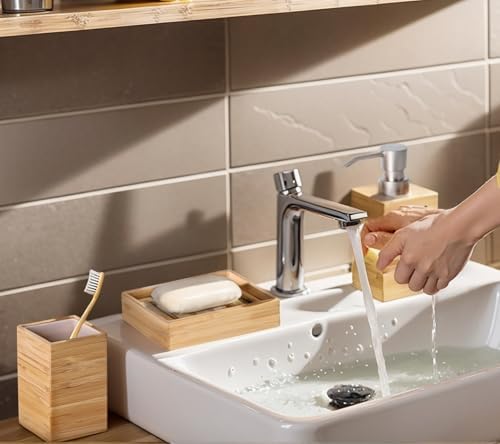 Clasin Home Bamboo Bathroom Accessories Set, 3 Pcs Wood Bathroom Accessories Soap Dispenser, Toothbrush Holder, Soap Dish, Kitchen Soap Dispenser Set for Home Decor, Housewarming Gift - Image 3