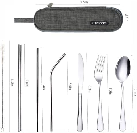 Travel Stainless Steel Utensils Set with Case – 8-Piece Reusable Flatware Kit Includes Fork, Knife, Spoon, Chopsticks, Straws, Brush & Bag – Portable Cutlery for Camping, Work, Picnic (Silver) - Image 3