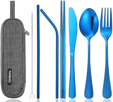 Portable Stainless Steel Flatware Set, Travel Camping Cutlery Set, Portable Utensil Travel Silverware Dinnerware Set with a Waterproof Case (Blue) by Topbooc
