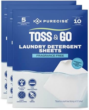 Purecise Travel Laundry Detergent Sheets, Fragrance Free, 30 Loads, 3 Pack by PureciseClean