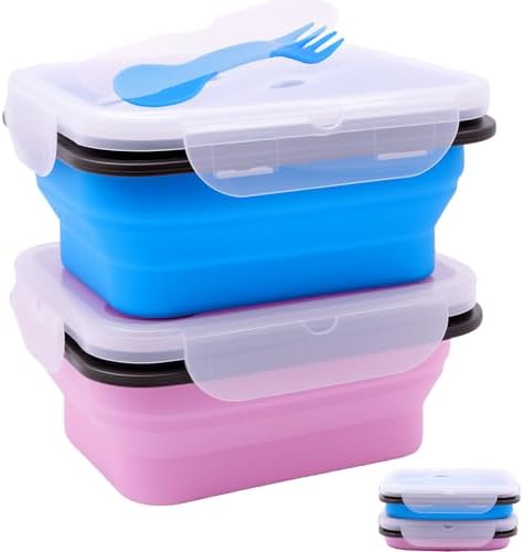 2 Pack Collapsible Silicone Bento Lunch Boxes With Lids Spoon Fork, 20.3oz, Meal Prep Food Storage Containers, Durable, Safe in Microwave, Dishwasher and Freezer, BPA Free (Blue and Pink) by FUSMYE