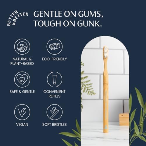 Better & Better Natural Bamboo Toothbrush | Soft Bristles | 100% Plant-Based | Reusable Handle and Replaceable Brush Head | Eco-Friendly, Zero Plastic | Adult Size, Blue - Image 4
