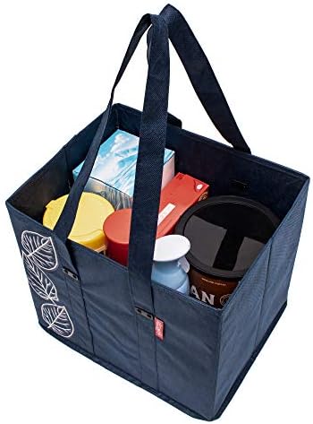 PLANET E Reusable Shopping Bags, Heavy Duty Foldable Grocery Bags with Handles, Large Collapsible Box Totes with Reinforced Hard Bottom, Pack of 3, Navy - Image 4