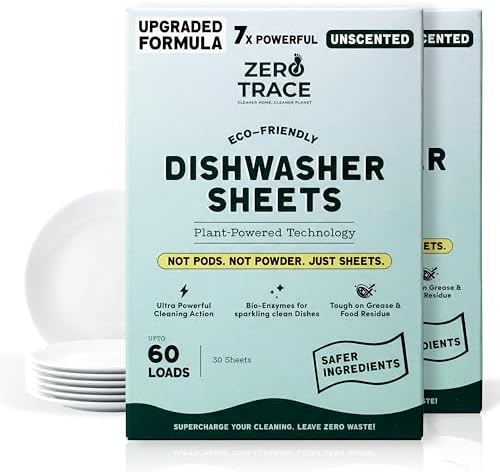Zero Trace Dishwasher Detergent Eco-Friendly Sheets for Dish Washing - Plant Powered Technology- Unscented- 60 Loads by ZeroTrace