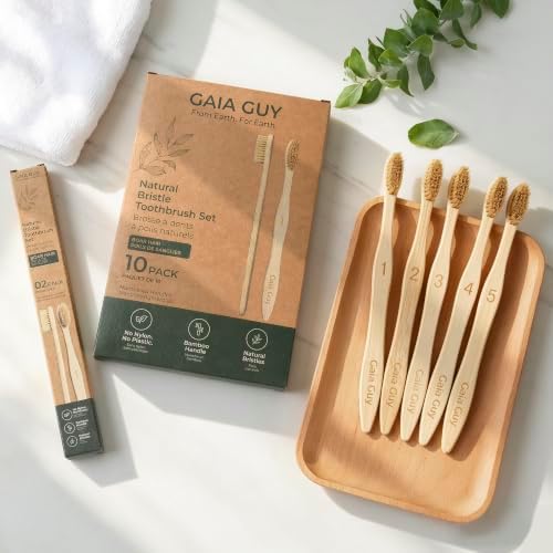 Gaia Guy Boar Bristle Bamboo Toothbrushes – 10 Pack Natural Bristle Toothbrush Set, Plastic-Free & Nylon-Free, Numbered Bamboo Handles, Medium Boar Hair Bristles for Adults & Families - Image 2