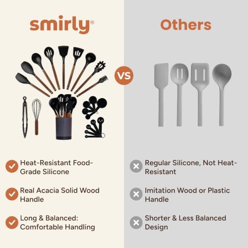 SMIRLY Silicone Kitchen Utensils Set, 22-Piece Acacia Wood Handle, Black - Image 6