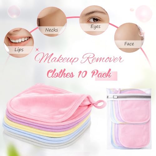 VitalCozy 10 Pack Makeup Remover Cloths, Makeup Remover Towels Reusable Face Cloth Eraser for Washing Face Microfiber Washcloth for Women Cleansing Just Water with Mesh Bag (Pastel Colors) - Image 4