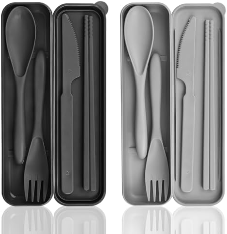 2 Sets Plastic Reusable Utensils Set with Case, Travel Chopsticks Fork Spoon Knife Set for Lunch Box, Portable Cutlery Sets for Travel Camping Daily Use (Black, Grey) by JEPELUS