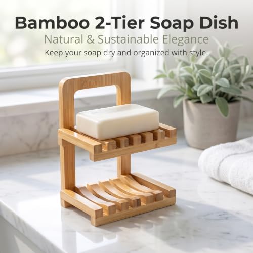 Bamboo Soap Dish for Shower, 2 Tier Shampoo Bar Soap Holder - Image 4