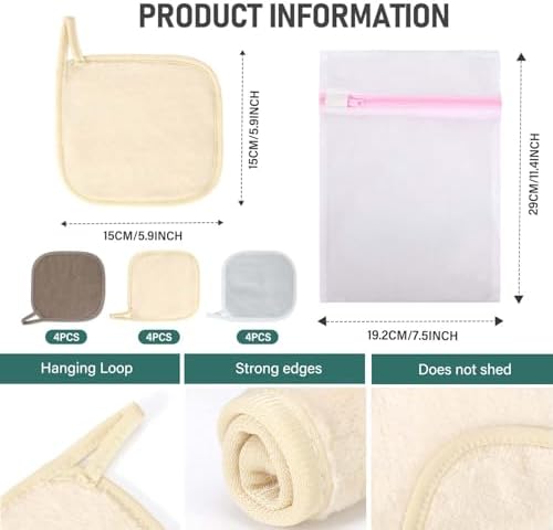 12 Pack Makeup Remover Cloth, 6" x 6" Reusable Makeup Remover Towels Face Washcloth for Washing Face, Makeup Remover Pads Cosmetic Face Wash (Khaki-Brown-Grey) - Image 2