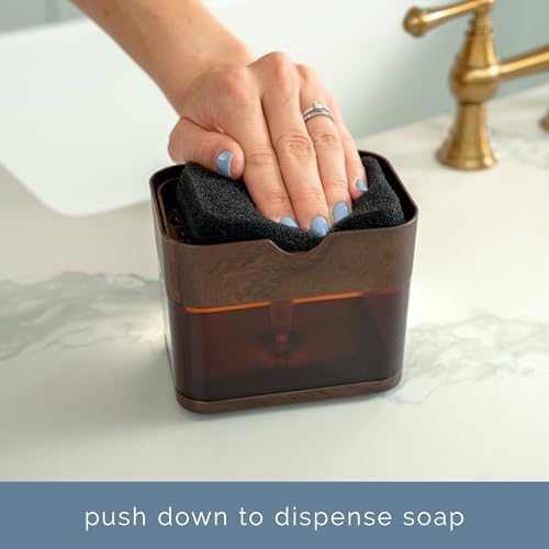 S&T INC. Dish Soap Dispenser and Sponge Holder, Plastic Walnut and Amber - Image 2