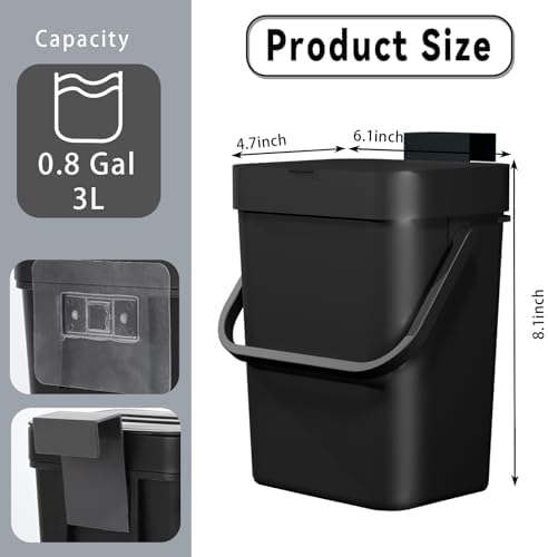 Compost Bin Kitchen, for use on Countertops or Under Sinks, Hanging Trash Can with Lid, Mountable Indoor Compost Bucket, for Cupboard/Bathroom/Bedroom/Office/Camping (Black 0.8 Gallon/3L) - Image 2