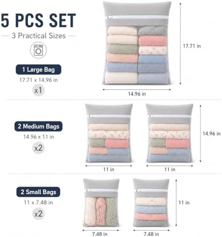 Gray 5-piece set in bags, durable cotton mesh laundry bags, sturdy zipper, breathable mesh, delicate laundry bags, suitable for underwear, clothes, pants, and socks - Image 4