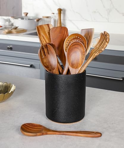 Wooden Cooking Utensils Set with Ceramic Holder,Teak Wood 10pcs Utensils - Image 7