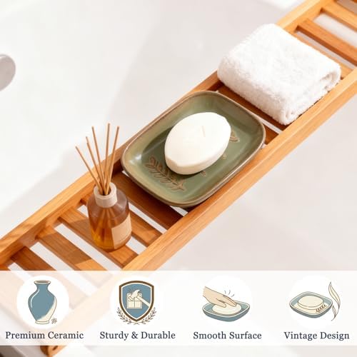 HighHerz Aesthetic Ceramic Soap Dish for Shower, Soap Holder with Raised Relief, Shower Soap Dish for Shampoo Bar Or Sponge, Soap Saver for Bathroom, Kitchen, Sink, Decorative Soap Tray (Green) - Image 6