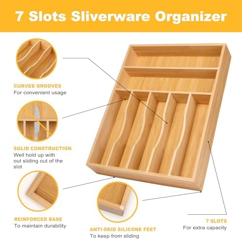 Kitchen Bamboo Silverware Organizer, Kitchen Drawer Organizer - Utensil Holder and Cutlery Tray with Grooved Drawer Dividers for Flatware 7 Slot, Natural - Image 5