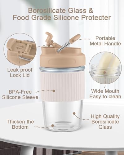 Sivaphe Reusable Glass Ice Hot Coffee Cup 12 oz, Portable Travel Mug with Spill-Proof Lid and Thermal Sleeve for Home Office Coffee - Image 6