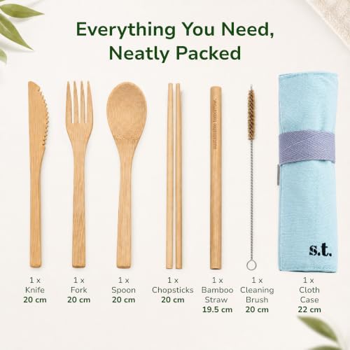 Sustainable Tomorrow Bamboo Cutlery Set | Eco-Friendly Reusable Utensils with Canvas Case | Natural Bamboo Fork, Knife, Spoon, Chopsticks, Straw & Cleaning Brush | Plastic-Free Flatware - Image 2