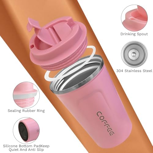 SPLMIFA Travel coffee mugs leak-proof, reusable coffee cups with lids, stainless steel vacuum insulated coffee tumblers, thermal insulation cups for men & women keep drinks hot & cold(2nd-Pink, 12OZ) - Image 3