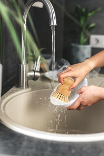 Bamboo Dish Scrub Brush for Kitchen Sink, Natural Wooden Washing Dish Brush Scrubber, Sisal Bristles Brush for Household Cleaning Cast Iron Brush Pots(Ceramic Dish+ 4P Sisal) - Image 4