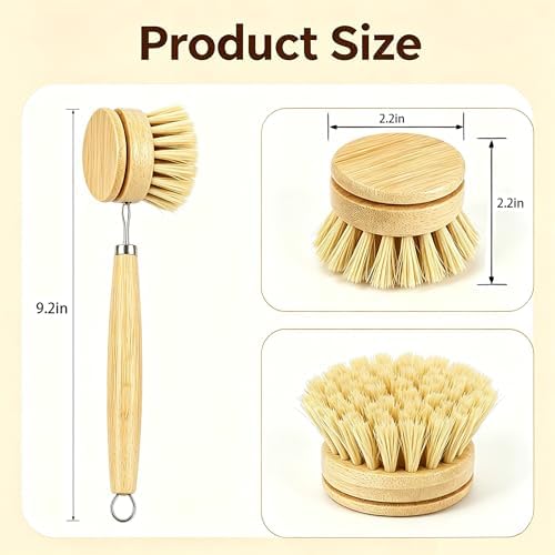 Bamboo Dish Brush with 3 Replacement Heads, Plastic-Free Kitchen Scrub Brush with Long Handle, Natural Sisal Bristle Bamboo Brush for Pans, Dishes, Pot,Veggie and Fruit - Image 2