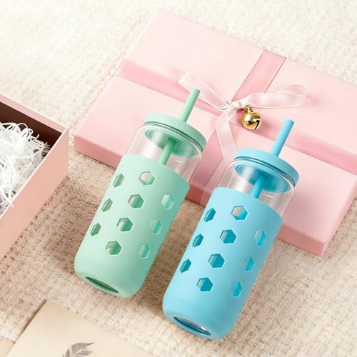 Mrsdry 20 oz Glass Cups with Lids and Straws for Gift, 4-Pack, Blue - Image 3