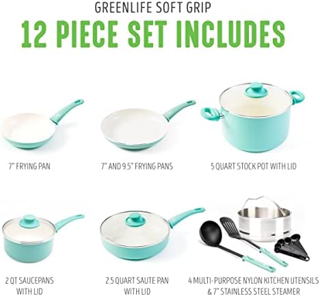 GreenLife Soft Grip Healthy Ceramic Nonstick 12 Piece Cookware Pots and Pans Set, PFAS-Free, Dishwasher Safe, Turquoise - Image 4