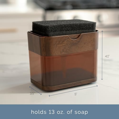 S&T INC. Dish Soap Dispenser and Sponge Holder, Plastic Walnut and Amber - Image 4