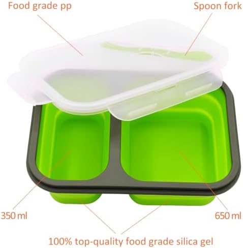 2 Pack Collapsible Silicone Bento Lunch Boxes With Lids,2 Compartments, Divided Lunch Food Storage Containers, 37.2 oz, Safe in Microwave, Dishwasher and Freezer, BPA Free - Image 2