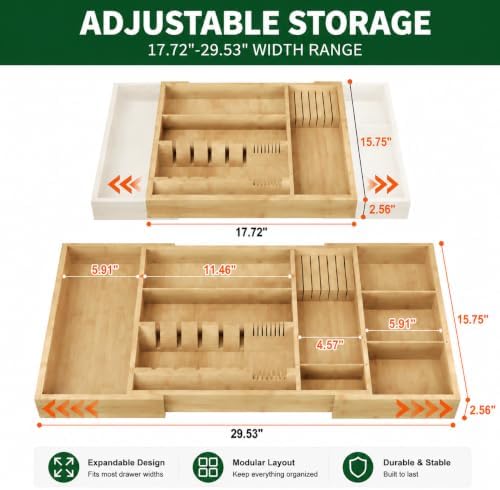 Bamboo Expandable Kitchen Drawer Organizer, 17.7-29.5 in,Natural - Image 2