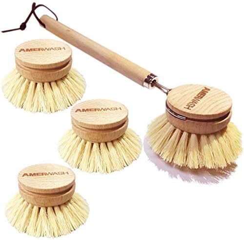 AMERWASH PLUS Dish Brush with Wooden Handle, Natural Kitchen Brush for Dishes Vegetable, Pots and Pans, Tampico Fiber Bristles Scrubber, Extra 3 Pack Replacement Head Included by AMERWASHPLUS