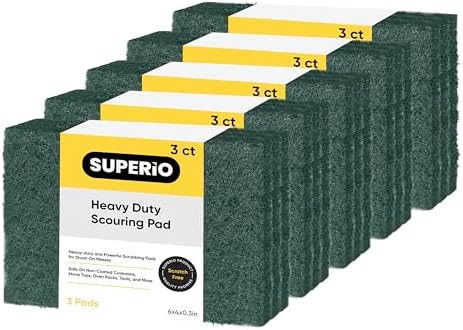Scouring Pad Non-Scratching Scrubber Non-Scratch Cleaning Scrub Pads Heavy Duty Scouring Pad Reusable Kitchen Scrubbing Pad Pack of 15 Green, by Superio by Superio