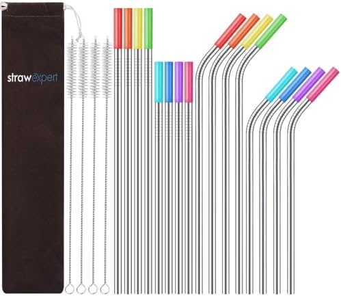 StrawExpert Set of 16 Reusable Stainless Steel Straws with Travel Case Cleaning Brush Silicone Tips Eco Friendly Extra Long Metal Straws Drinking for 20 24 30 oz Tumbler, Silver by StrawExpert