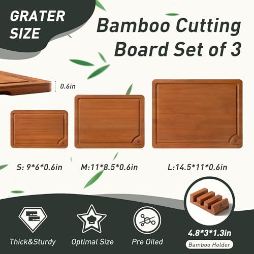 3 Packs Bamboo Cutting Board Set with Non Slip Feet Holder and Over Sink Nice Solid Thick Wood Juice Groove Chopping Board Extra Large Big Small Best Hardwood Kitchen Organic Vegetable Meat BBQ Kit - Image 2